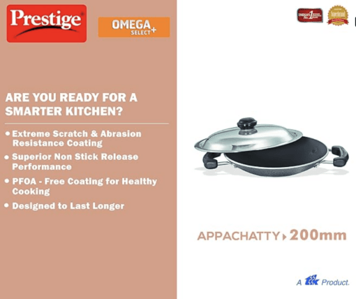 Prestige Omega Select Plus Non-Stick Deep Appachetty with Lid | Black | 20 cm | Residue Free | Scratch Resistant | Comfortable Grip | Spoon Friendly - Image 3